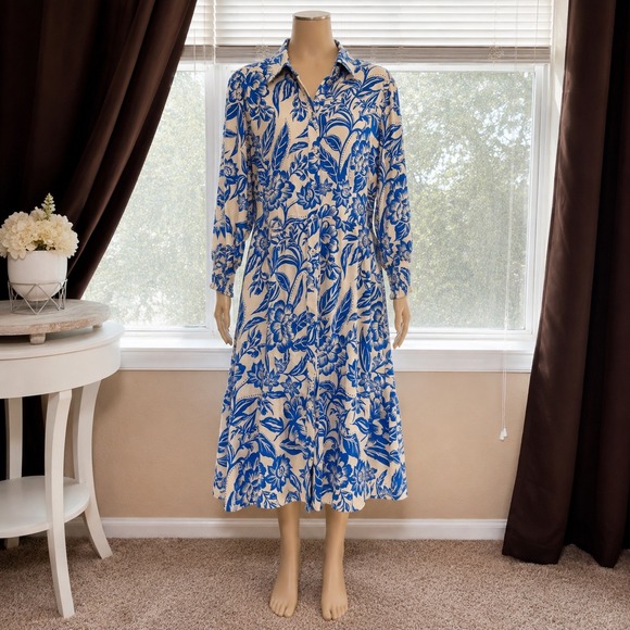 Unbranded Dresses & Skirts - Blue Floral Button Down Shirt Dress Smocked Cuff Elastic Waist Midi Blue Cream